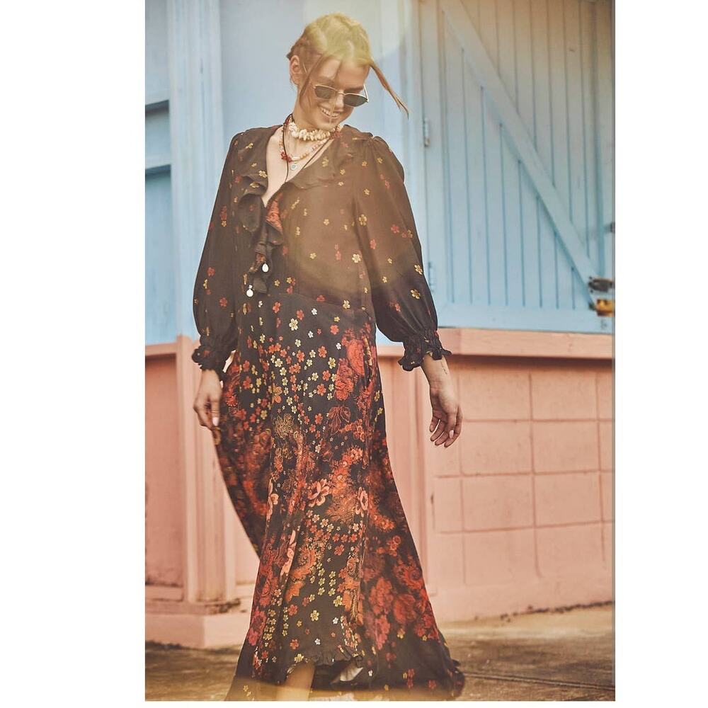 New Free People Talsey Floral Maxi Dress $198 X-SMALL Black Combo Long Sleeve